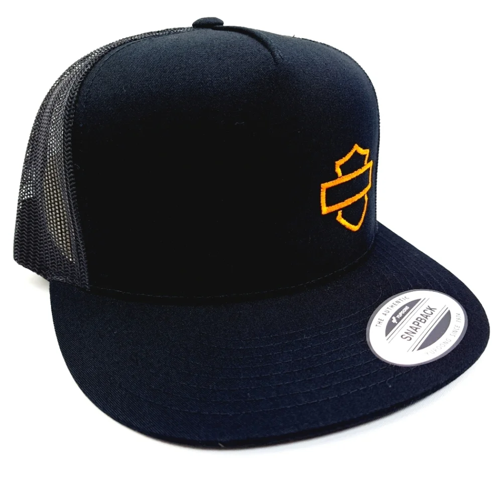 Harley Bar & Shield Flat Bill Snapback Baseball Cap Hat Black Embroidered